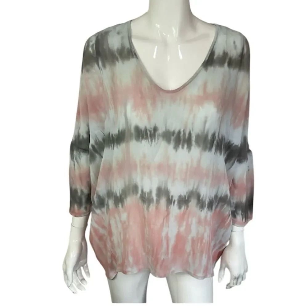 XCVI Multicolor V-Neck 3/4 Sleeve Tie Dye Striped Pullover Blouse Size S